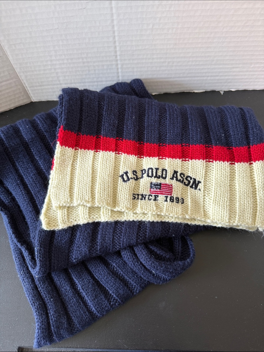 U.S. Polo Assn. Navy, Cream & Red Ribbed Knit Scarf